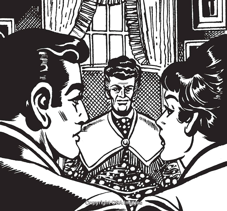 Vintage Illustration of Three People in Discussion in a Formal Setting