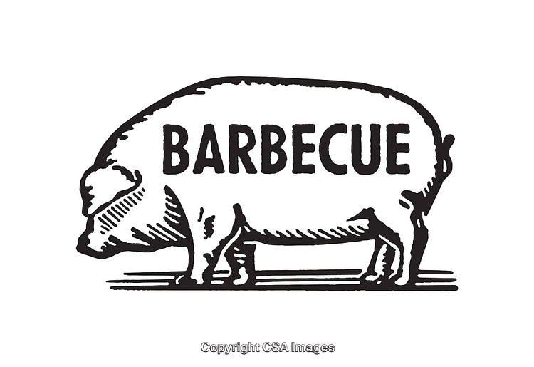 Vintage Black and White Illustration of a Barbecue Pig Sign