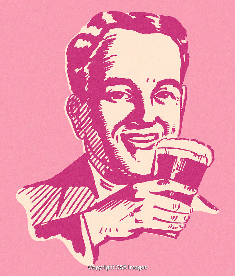 Retro Style Illustration of a Man Enjoying a Beer on Pink Background