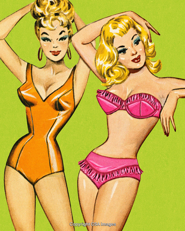 Retro Artwork of Women in Stylish Swimsuits on a Vibrant Background