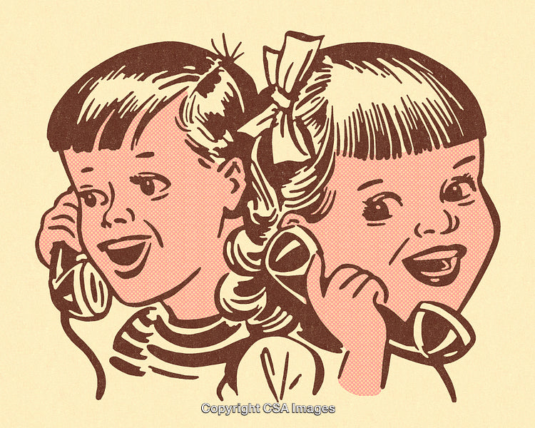Retro Illustration of Two Children Talking on Telephones with Joyful Expressions