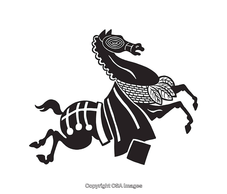 Black And White Illustration of a Stylized Prancing Horse