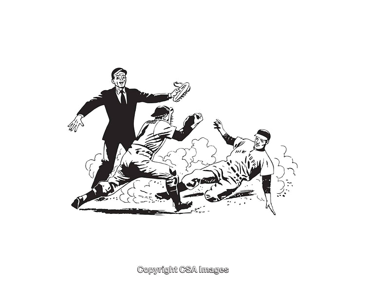 Black and White Line Art of a Baseball Play Interaction