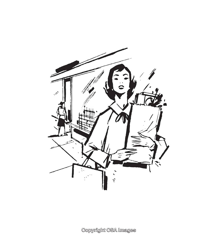 Black and White Line Art of Woman Shopping Outdoors