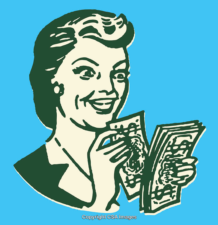 Retro Illustration of Excited Woman Counting Money in Vintage Style