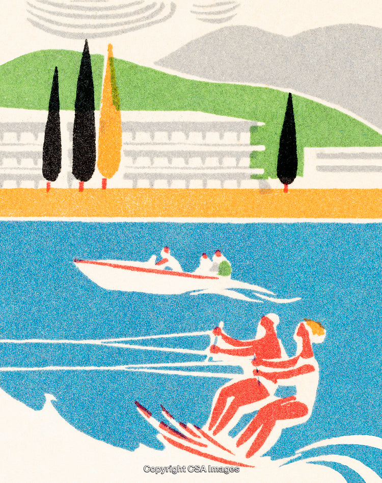 Retro Illustration of Water Skiers on a Sunny Lakeside Vacation