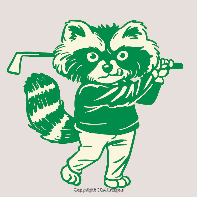 Colorful Cartoon Illustration of a Raccoon Playing Golf in Unique Line Art