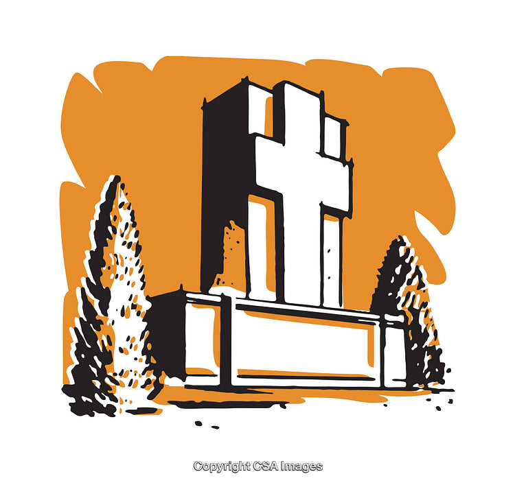 Illustration of a Monument with a Cross and Cypress Trees
