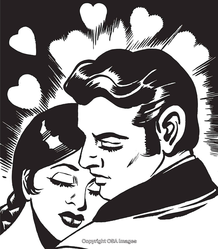 Vintage Illustration of Romantic Couple Embracing With Hearts in Background