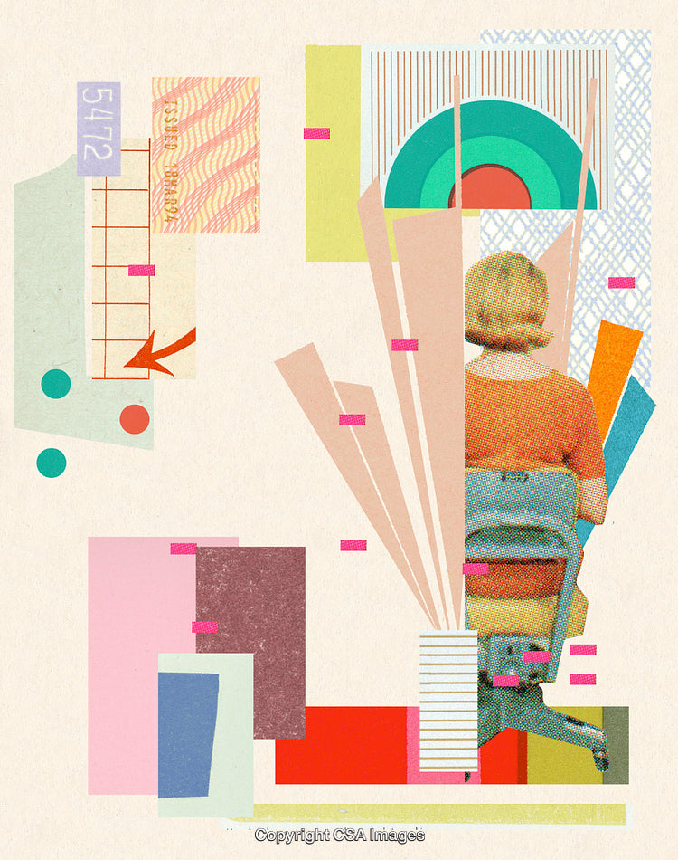 Abstract Collage Featuring Patterns, Shapes, and a Retro Style Composition