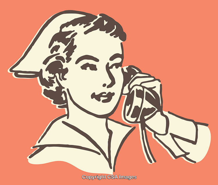 Retro Line Art of Woman Holding Telephone with Orange Background