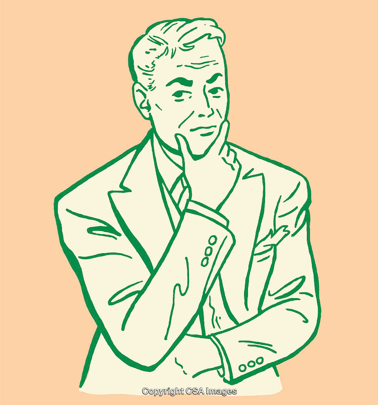 Vintage Line Art Illustration of a Thinking Businessman in Green Ink