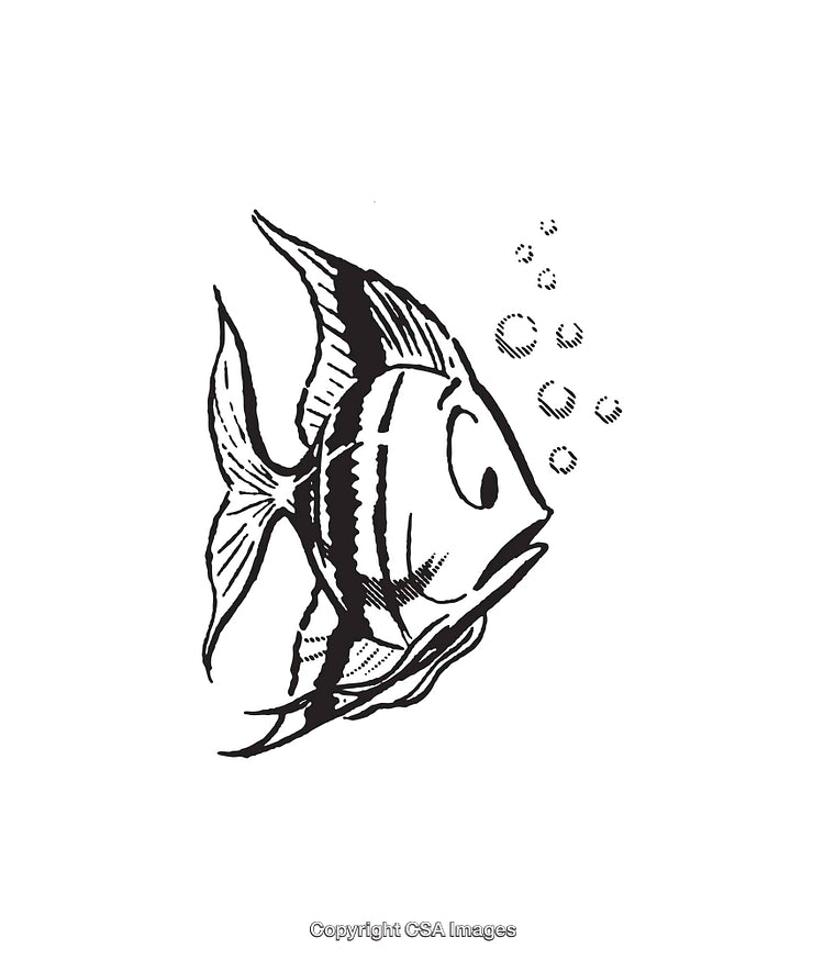 Black and White Line Art Illustration of a Fish with Bubbles
