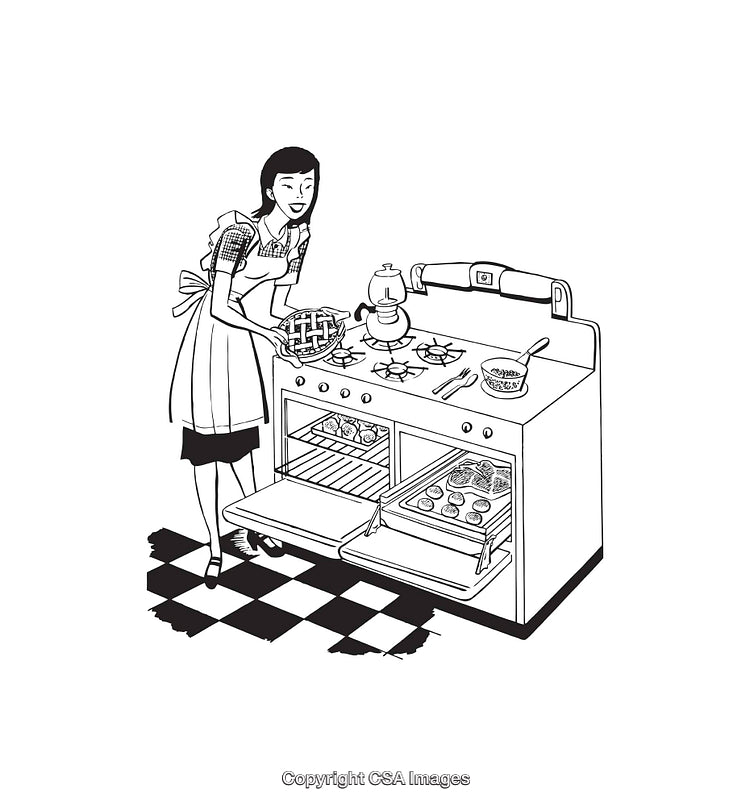 Retro Line Art Kitchen Scene with Baking and Homemaker Activities