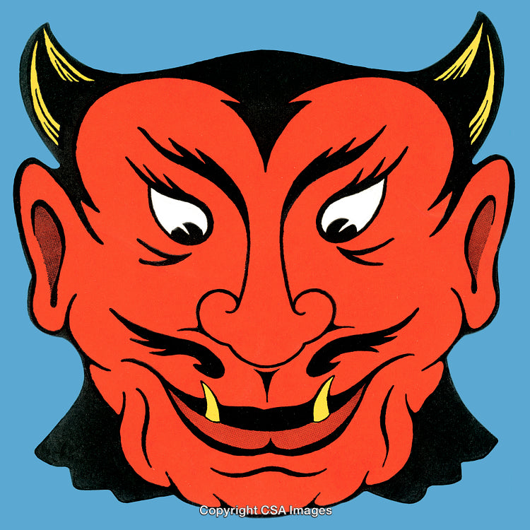 Illustration of a Red Devil Face with Horns in Vintage Style
