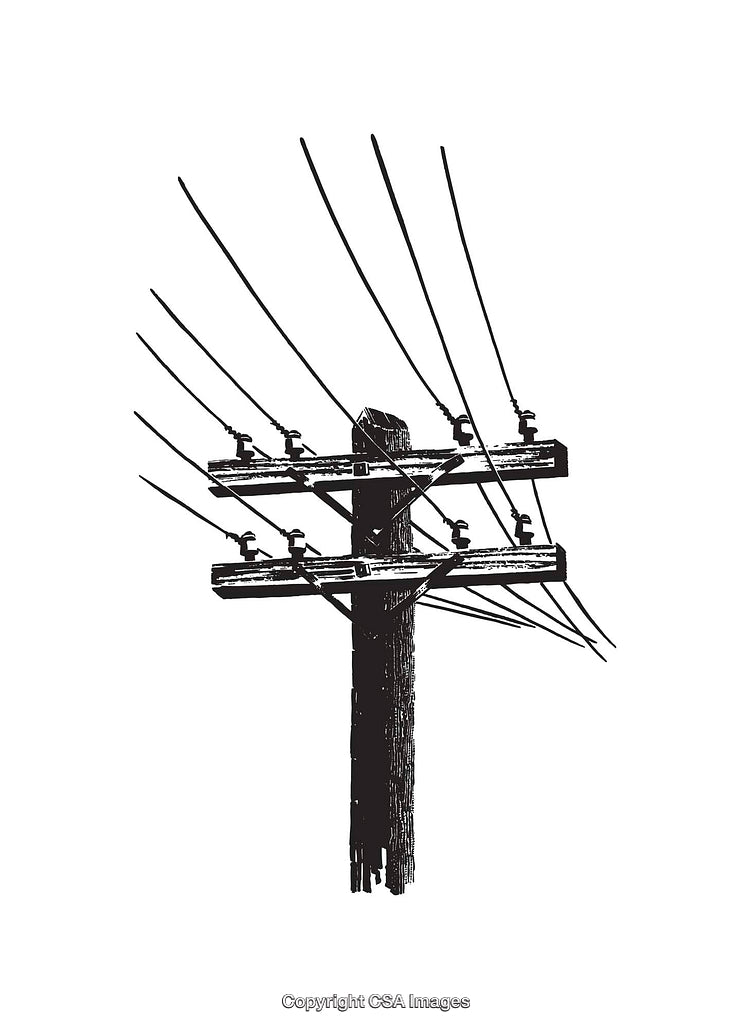 Black and White Line Art of a Wooden Telephone Pole with Wires