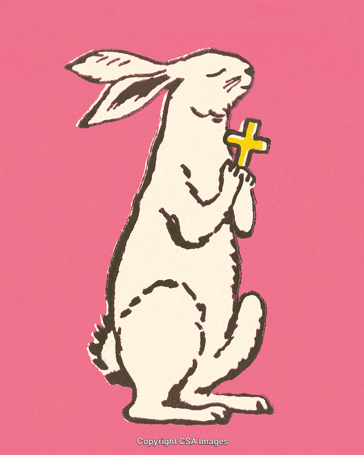 Whimsical Illustration of Bunny Holding Cross on Bold Pink Background
