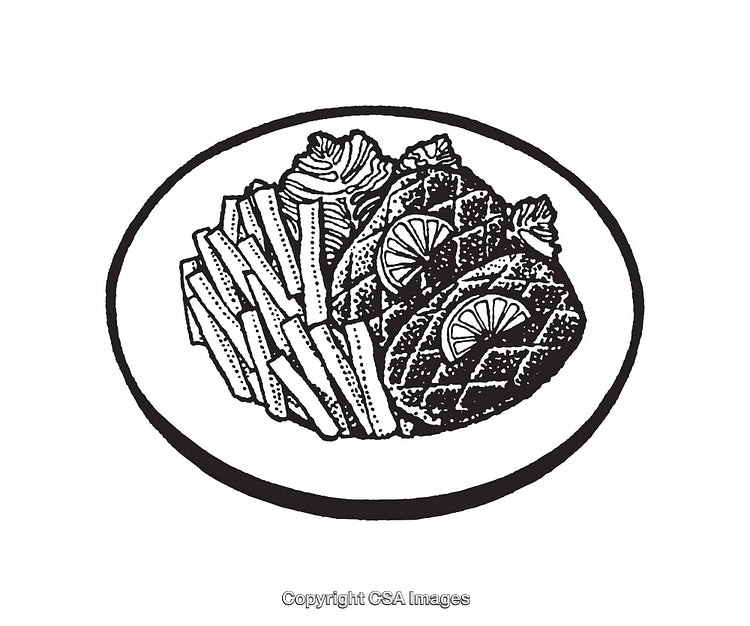 Black and White Illustration of a Meal Featuring Meat and Fries