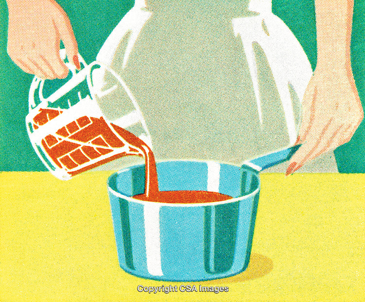 Retro Illustration of Pouring Liquid into a Bowl on Colorful Background