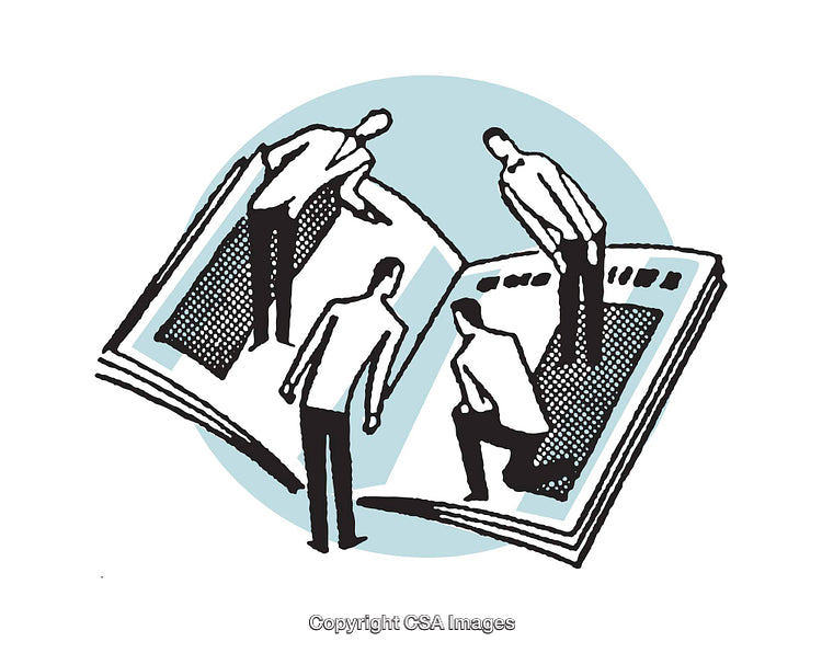 Creative Illustration Depicting Individuals Interacting with an Open Magazine