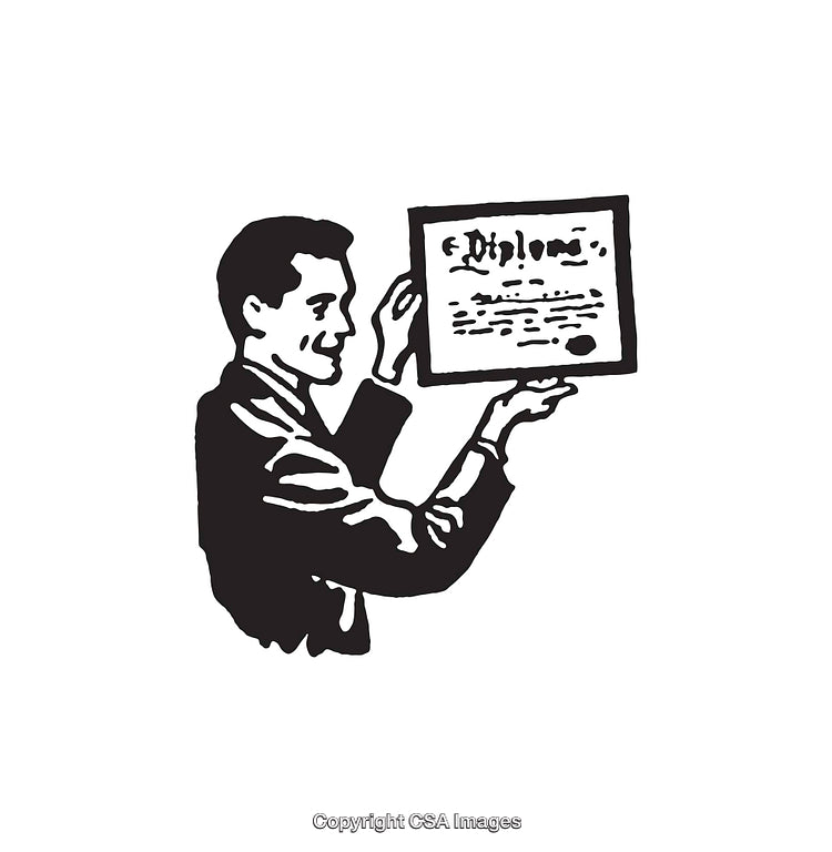 Black and White Illustration of a Man Holding a Diploma