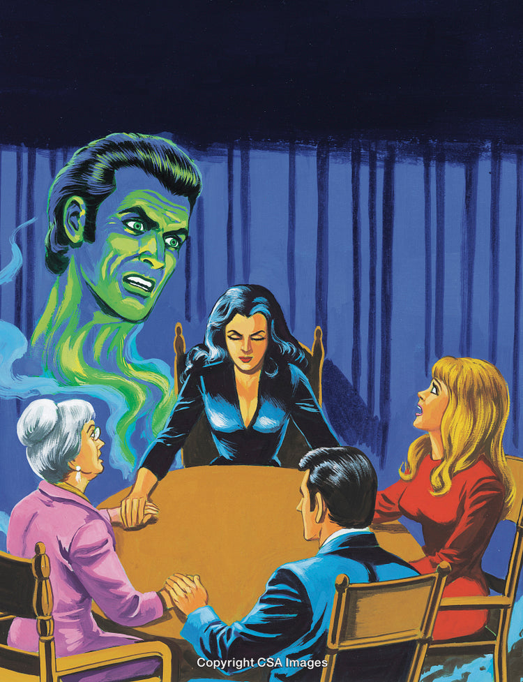 Group Conducting Seance Around Table With Eerie Supernatural Entity