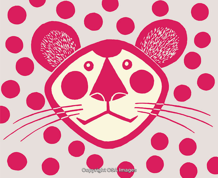 Whimsical Pink Mouse Illustration with Polka Dot Background Design