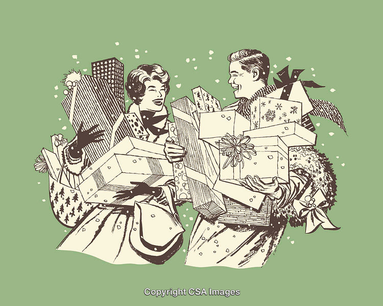 Vintage Illustration of Smiling Couple With Holiday Gifts