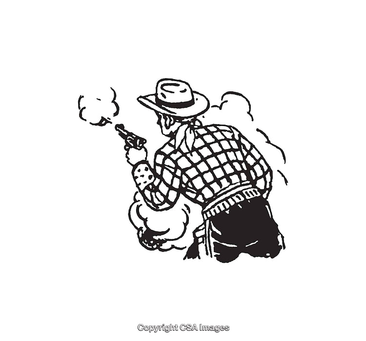Black and White Line Art of a Cowboy in Western Action Pose