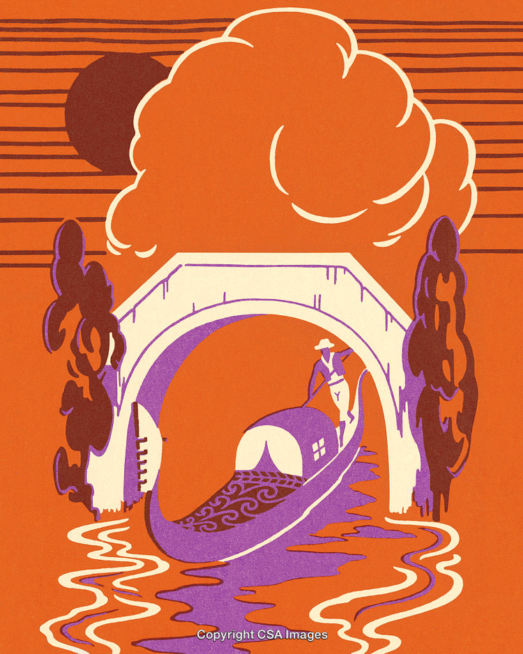 Vintage Illustration of Gondola Under Bridge with Orange and Purple Colors