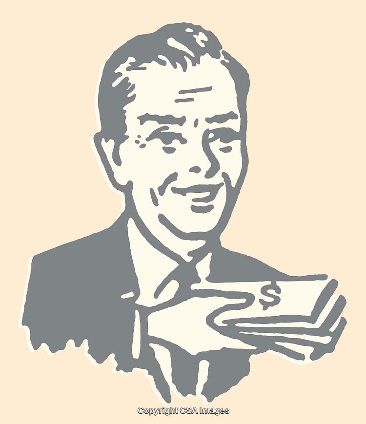 Retro Style Illustration of Smiling Man Holding Money in Vintage Color Scheme