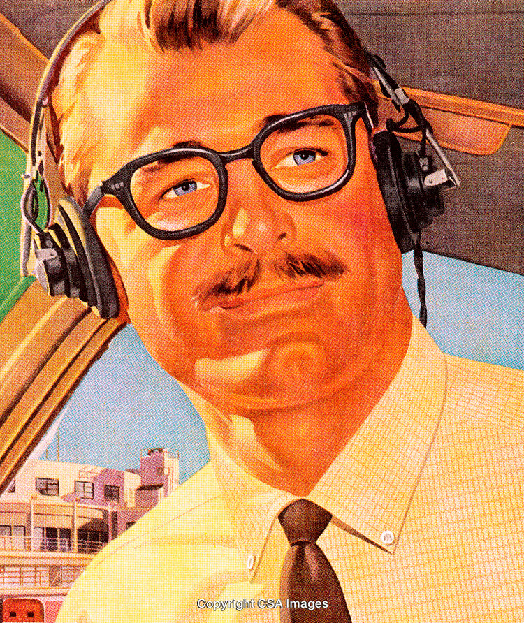 Retro Illustration of a Man in Headphones and Glasses in Cockpit