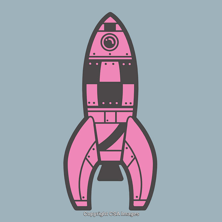 Pink Rocket Ship Illustration on Blue Background in Cartoon Style