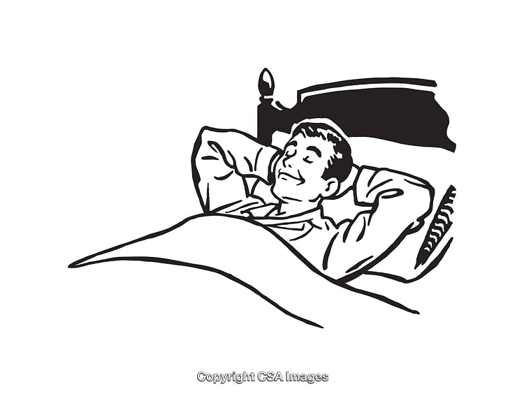 Retro Black and White Illustration of a Relaxed Man Lying in Bed