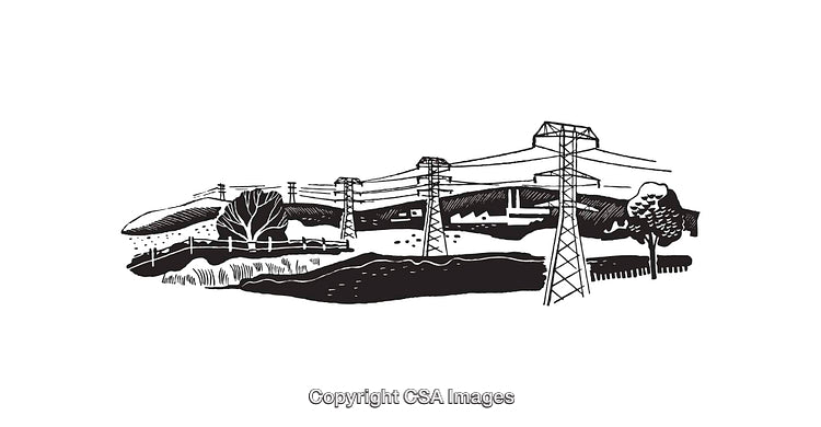 Black and White Line Art of Rural Landscape with Power Lines