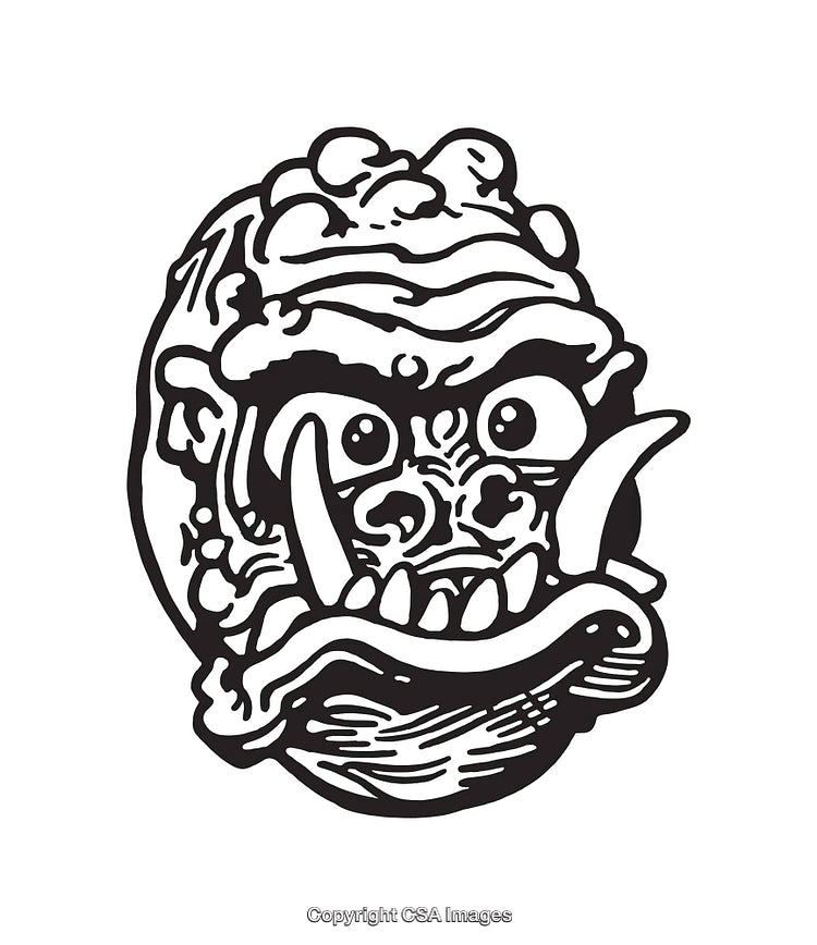 Black and White Line Art Illustration of a Fierce Monster Face Design