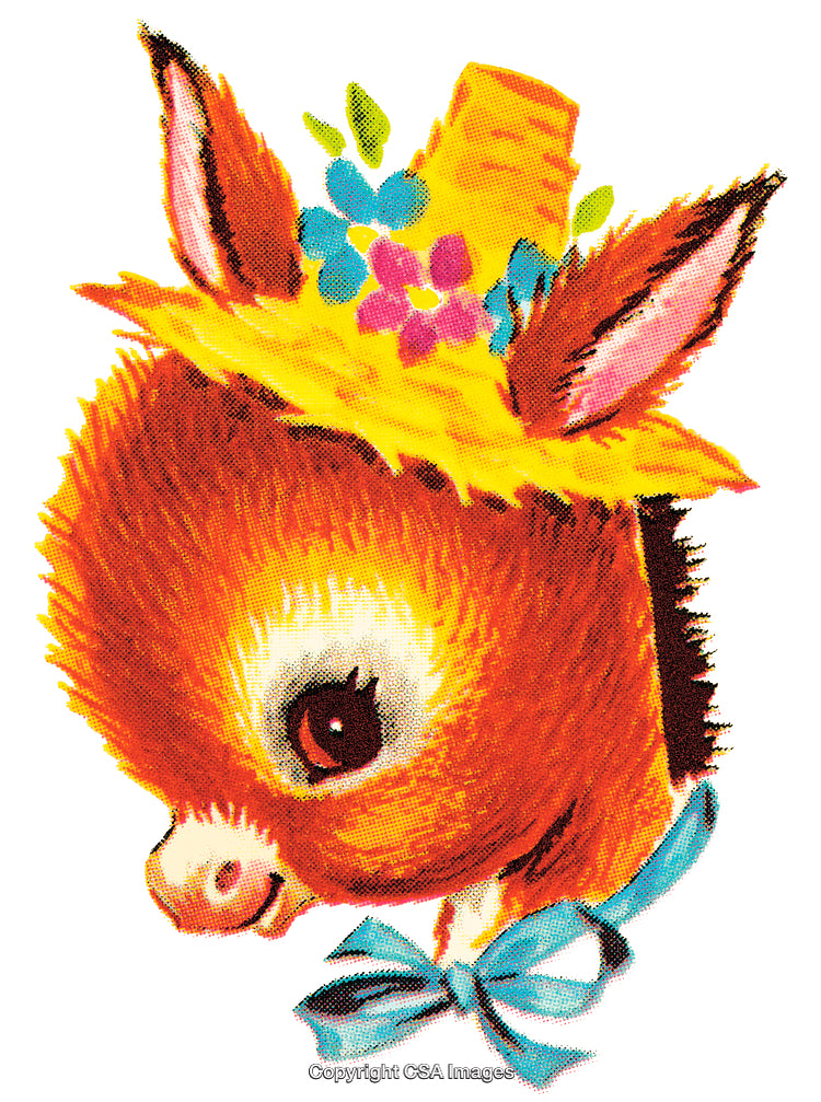 Vintage Illustration of a Cute Donkey with Flowers and a Hat