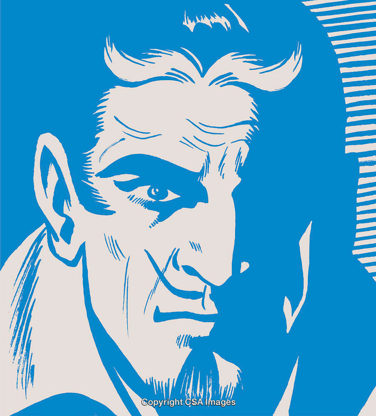 Blue And White Ink Drawing of Man’s Face In Expressive Style