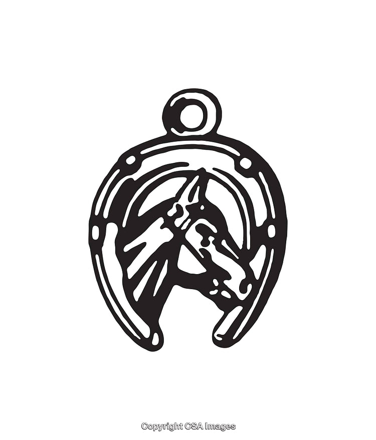 Black and White Line Art Illustration of a Horse and Horseshoe