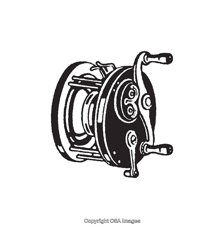 Vintage Black and White Line Art of a Fishing Reel Design