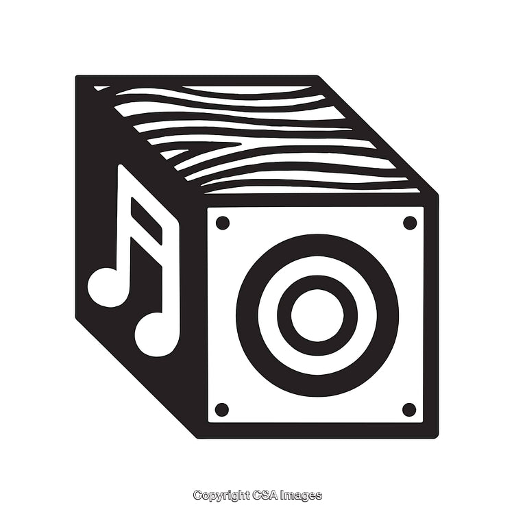 Black and White Line Art Illustration of a Speaker with Musical Notes