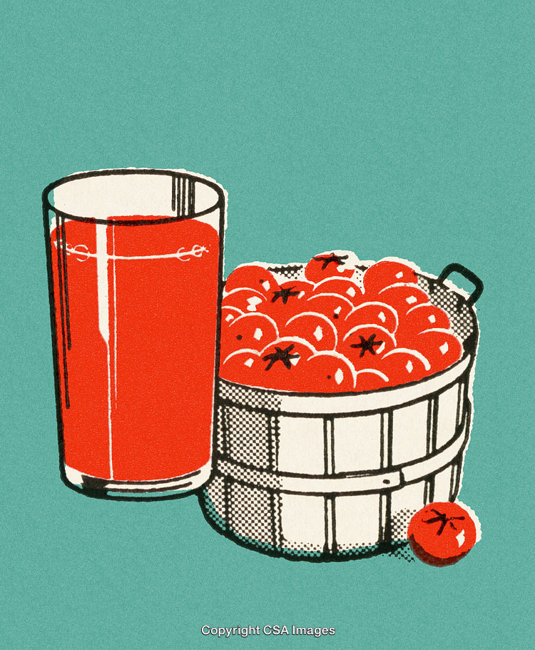 Retro Illustration of a Glass of Tomato Juice and Basket of Tomatoes