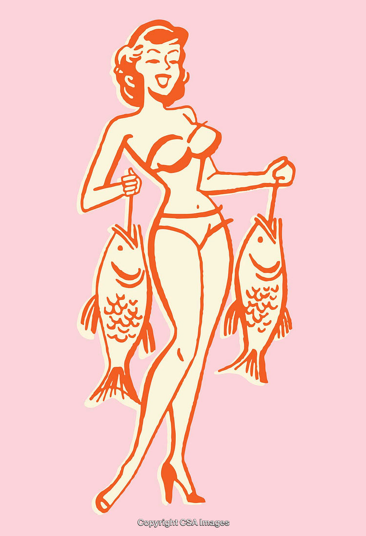Retro Style Artwork of a Cheerful Woman Holding Two Large Fish
