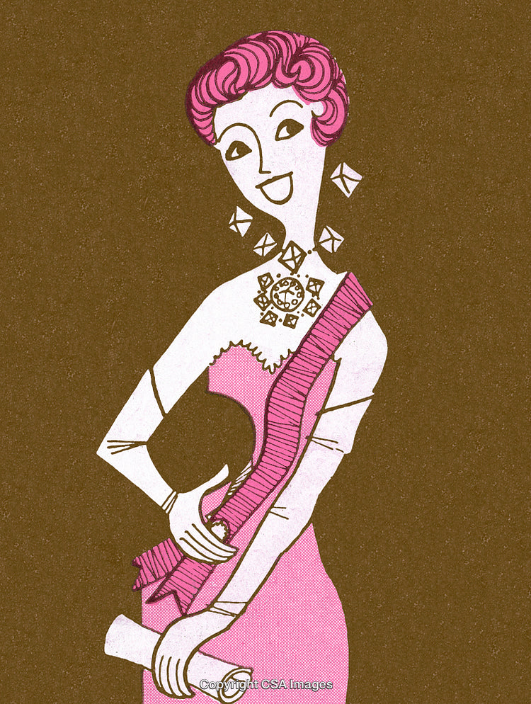 Whimsical Illustration of a Stylish Pink-Haired Woman in Elegant Attire