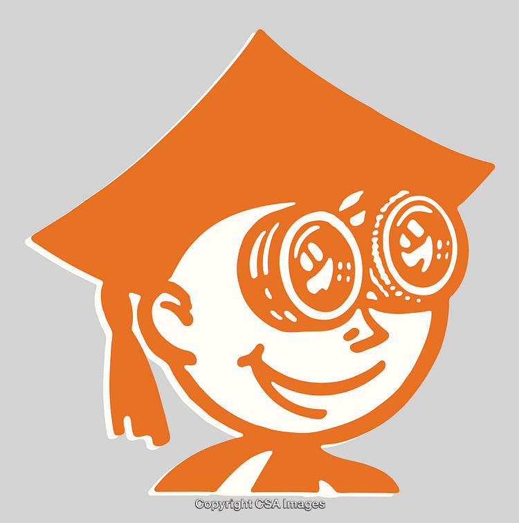 Orange Line Art Design of a Smiling Graduate with Binoculars