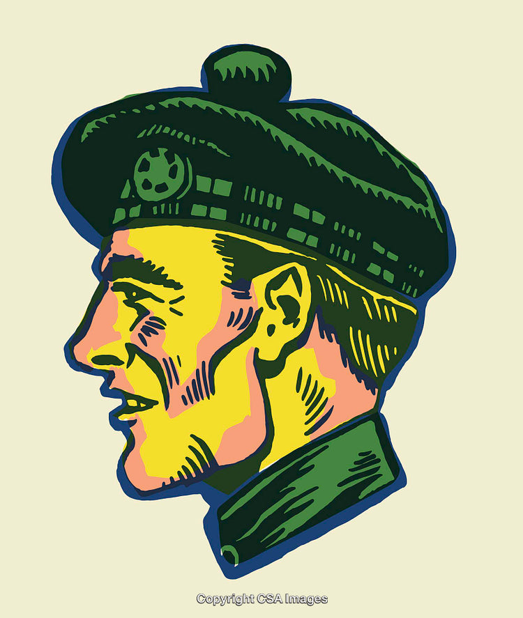Colored Line Art Illustration of a Scottish Soldier Profile in Uniform