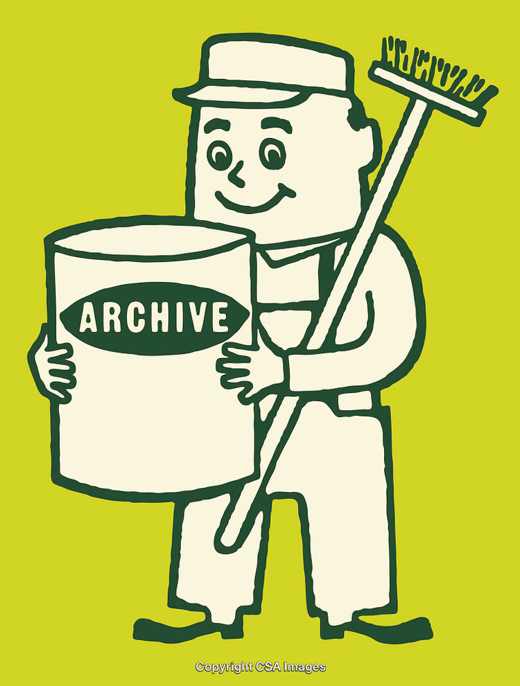Vintage Cartoon Illustration of Janitor Carrying Archive Storage Box
