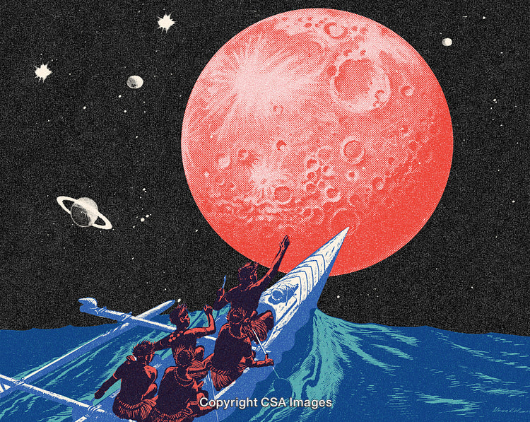 Voyagers in a Canoe Under a Surreal Red Moon on Cosmic Waters