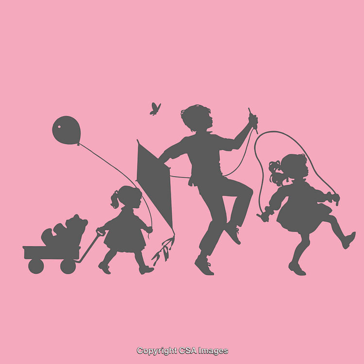 Silhouette of Joyful Children Playing with Toys and Kite Outdoors