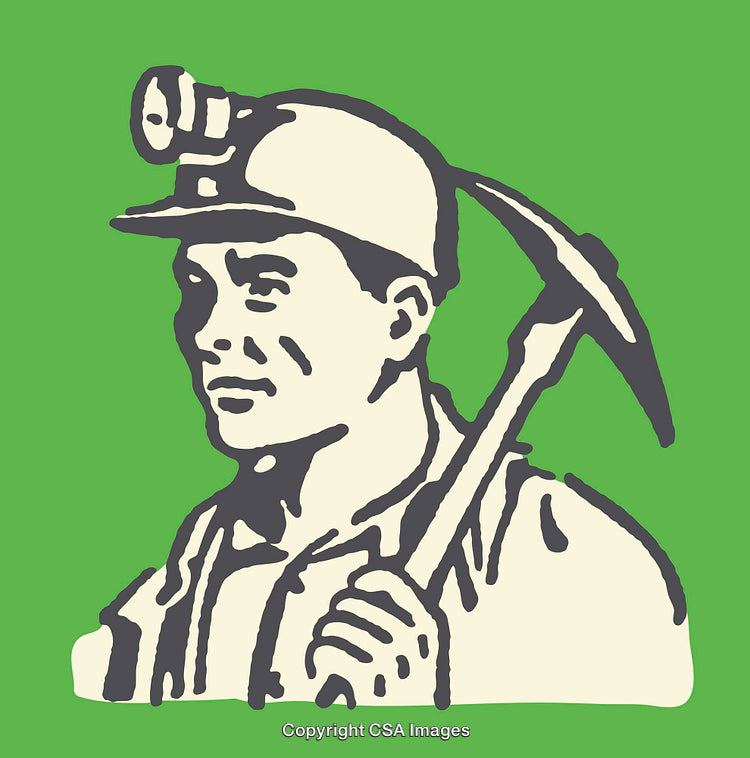 Vintage Miner Illustration in Green Background with Helmet and Pickaxe